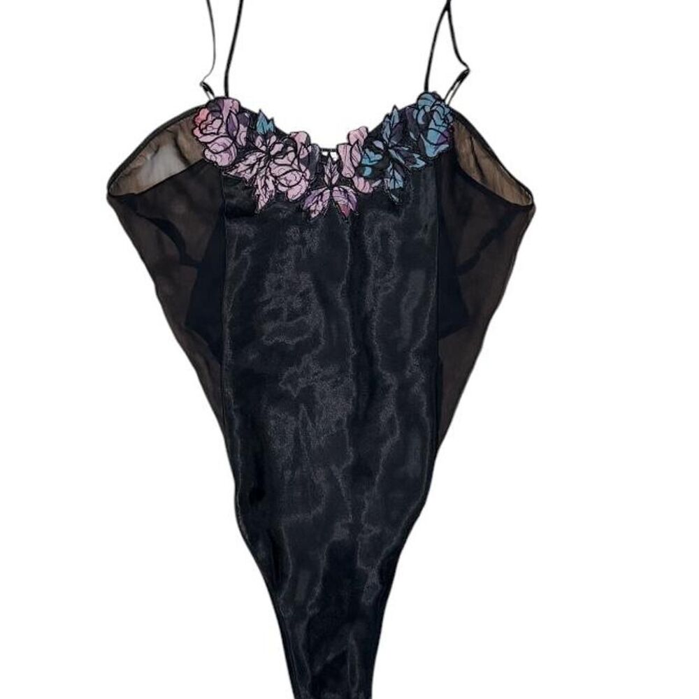 Victoria’s Secret Black Satin Floral Appliqué Strappy Thong M — Y2K Retro Trendy